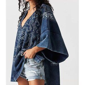 Free People On The Block Poncho L Denim Paisley Bandana Fits 3X 4X Artsy Lagen